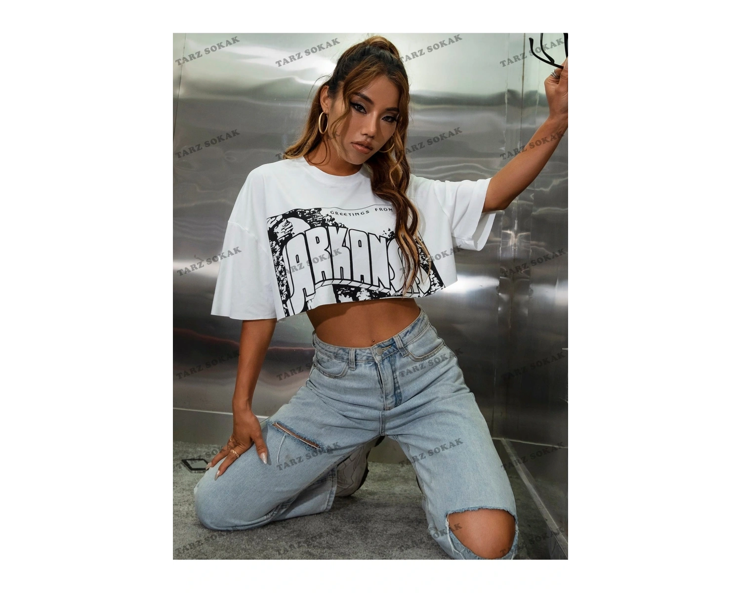 Crop CKOD-232913 Harf Grafikli Ham Etek