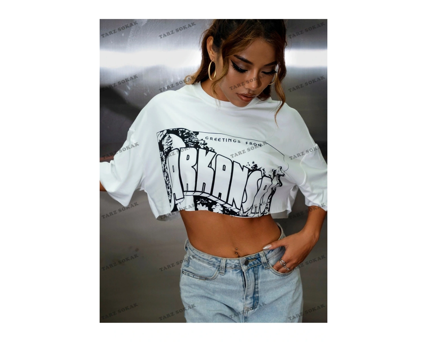 Crop CKOD-232913 Harf Grafikli Ham Etek