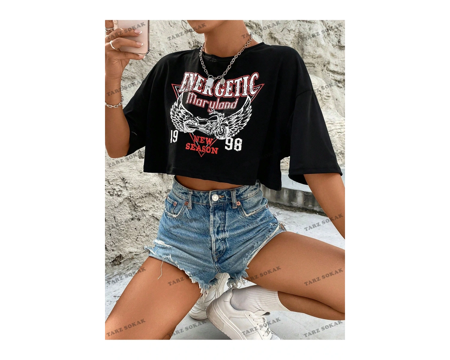 Crop CKOD-232913 Wings & Letter Grafikli Düşük Omuz Kısa