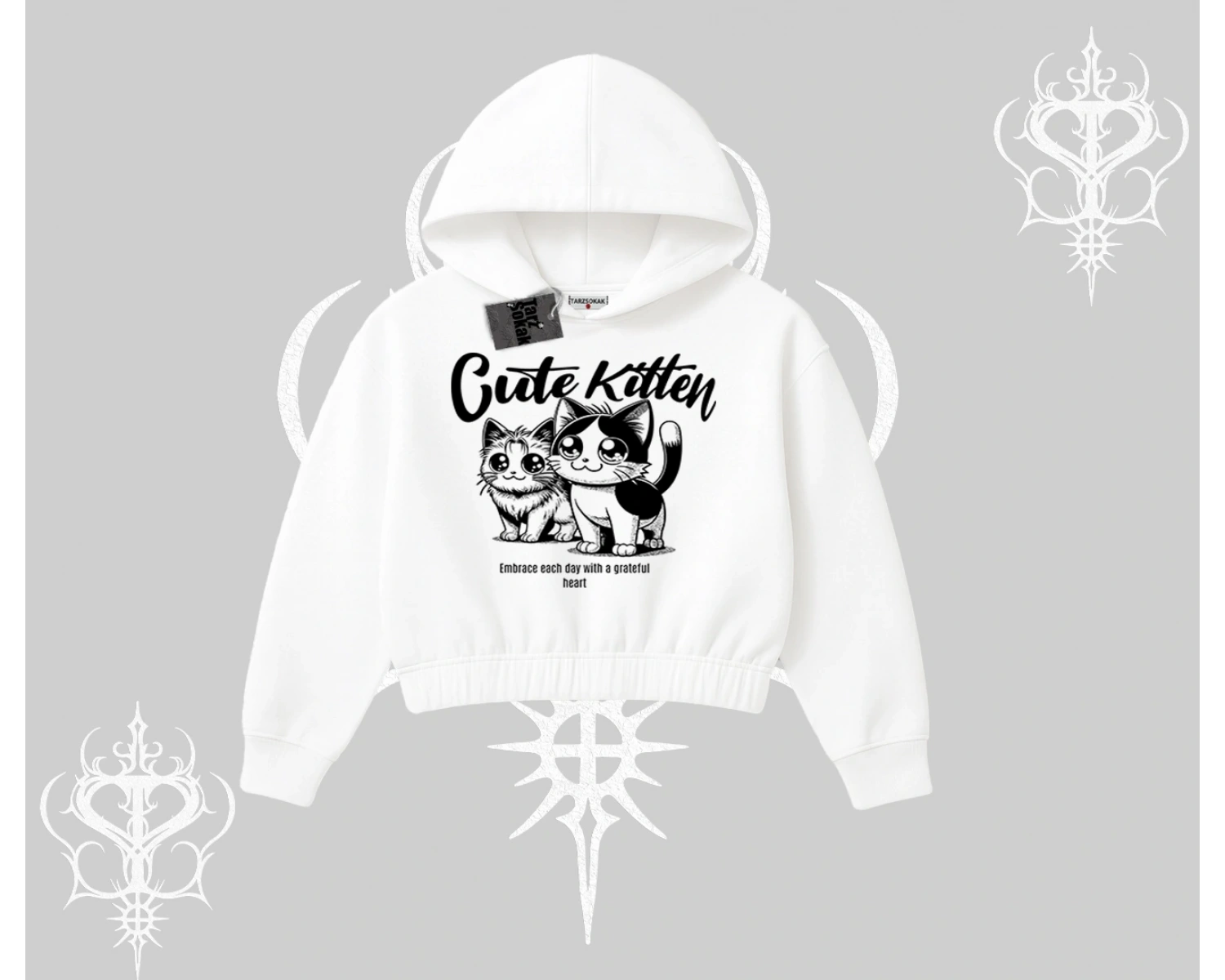 Cute Kitten Yazılı Sevimli Kedi Baskılı Kapşonlu Crop Sweatshirt