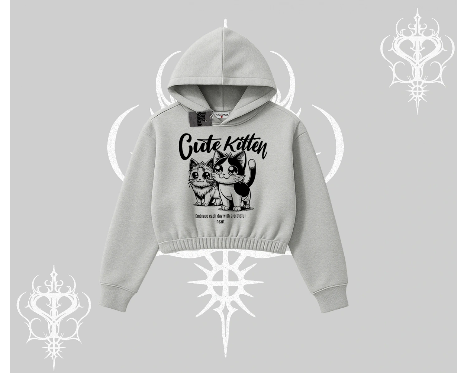 Cute Kitten Yazılı Sevimli Kedi Baskılı Kapşonlu Crop Sweatshirt