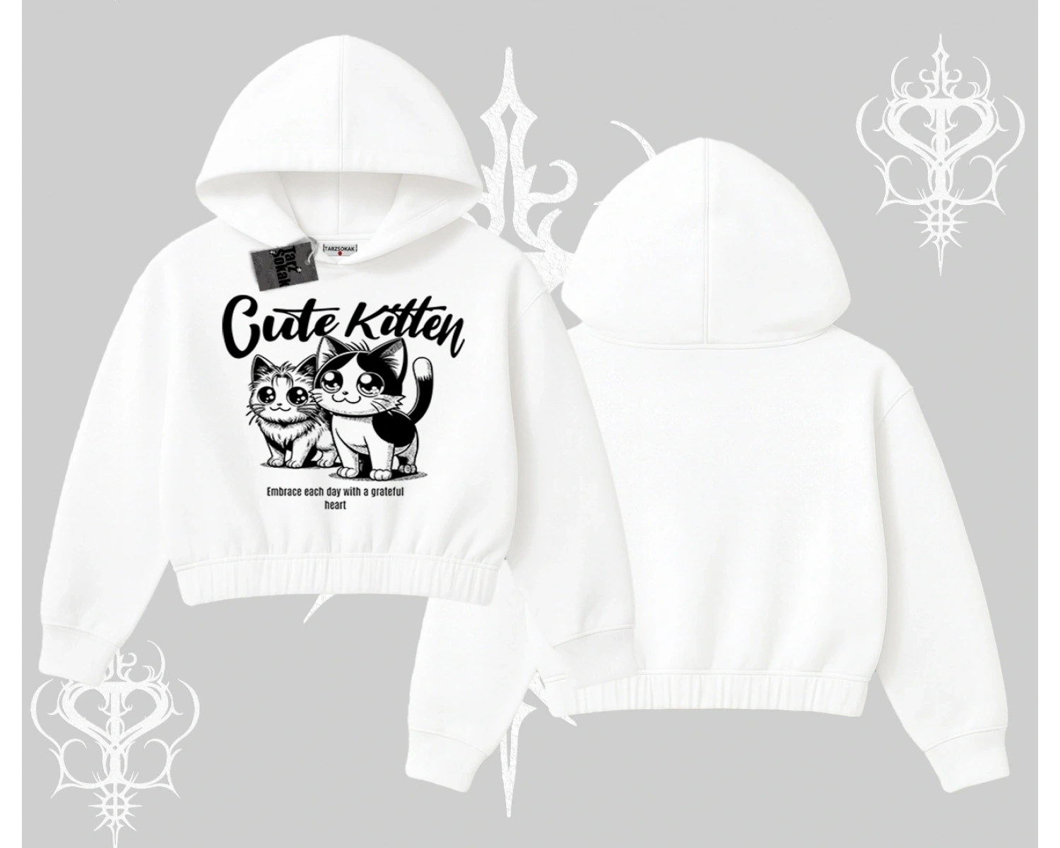 Cute Kitten Yazılı Sevimli Kedi Baskılı Kapşonlu Crop Sweatshirt