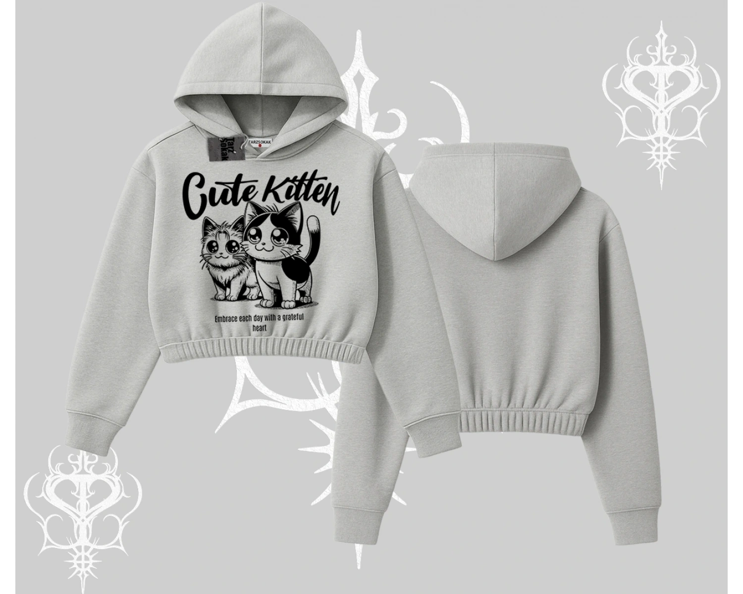 Cute Kitten Yazılı Sevimli Kedi Baskılı Kapşonlu Crop Sweatshirt
