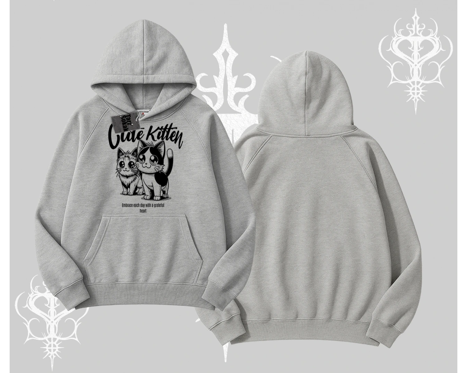 Cute Kitten Yazılı Sevimli Kedi Baskılı Kapşonlu Sweatshirt