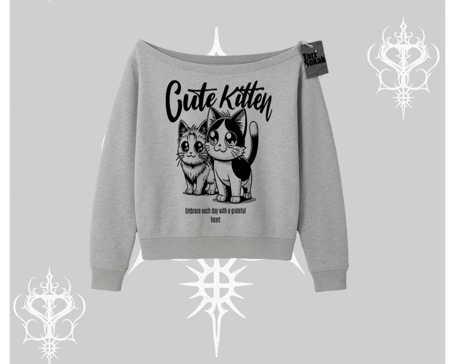 Cute Kitten Yazılı Sevimli Kedi Baskılı Kayık Yaka Sweatshirt