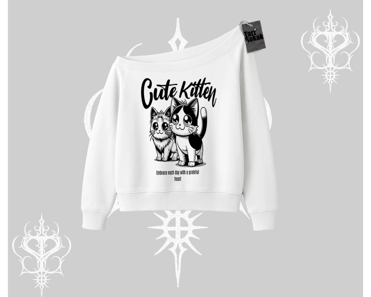 Cute Kitten Yazılı Sevimli Kedi Baskılı Kayık Yaka Sweatshirt