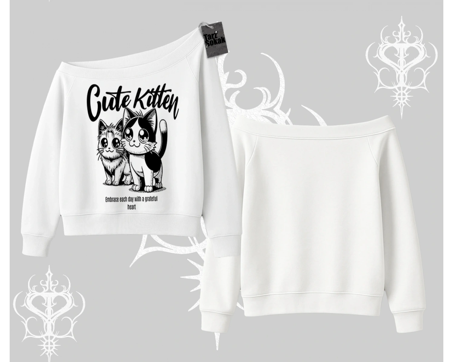 Cute Kitten Yazılı Sevimli Kedi Baskılı Kayık Yaka Sweatshirt