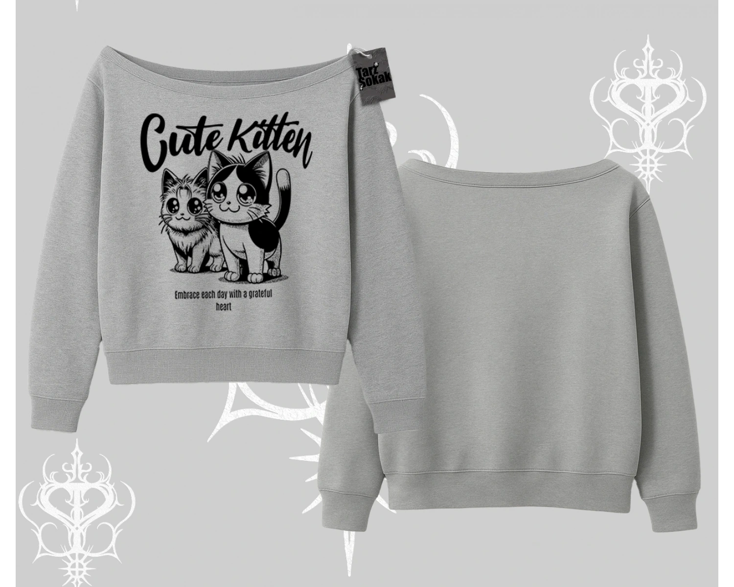 Cute Kitten Yazılı Sevimli Kedi Baskılı Kayık Yaka Sweatshirt