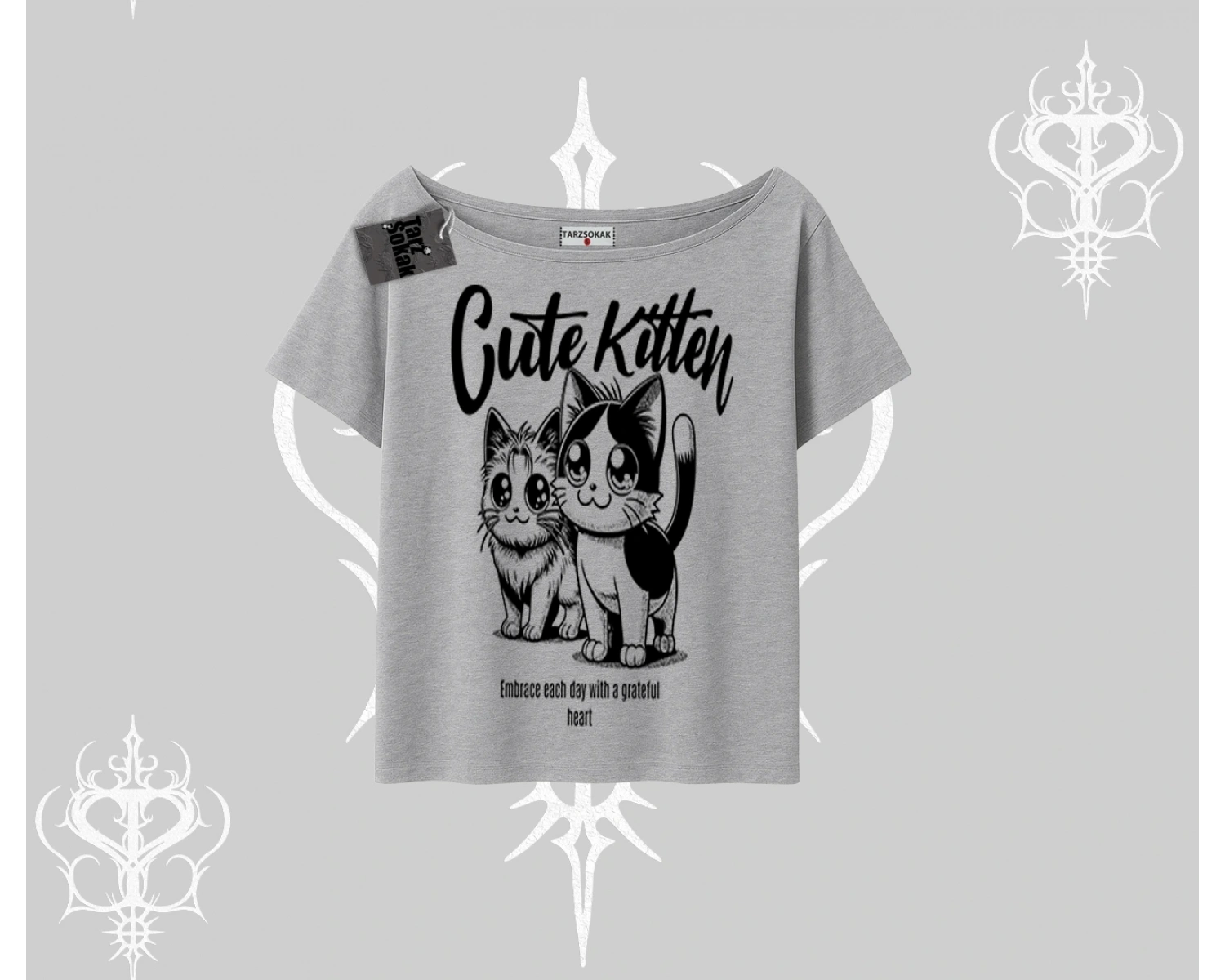 Cute Kitten Yazılı Sevimli Kedi Baskılı Kayık Yaka Tshirt