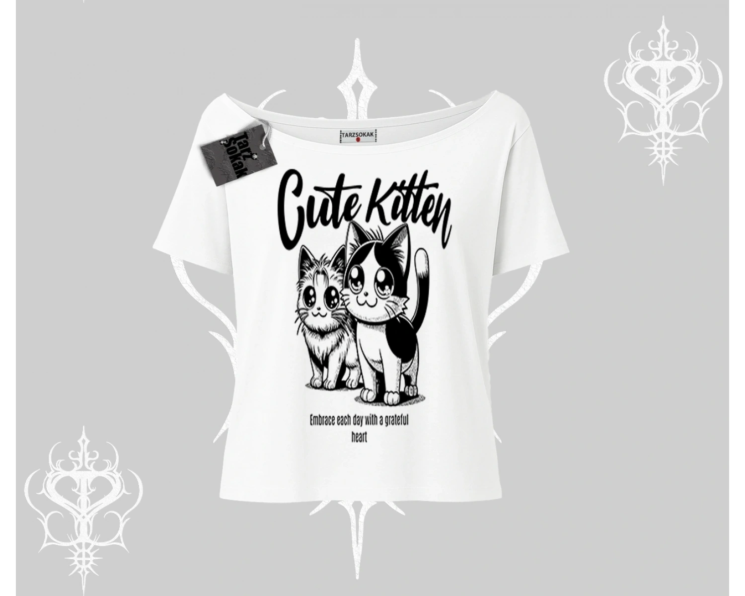 Cute Kitten Yazılı Sevimli Kedi Baskılı Kayık Yaka Tshirt