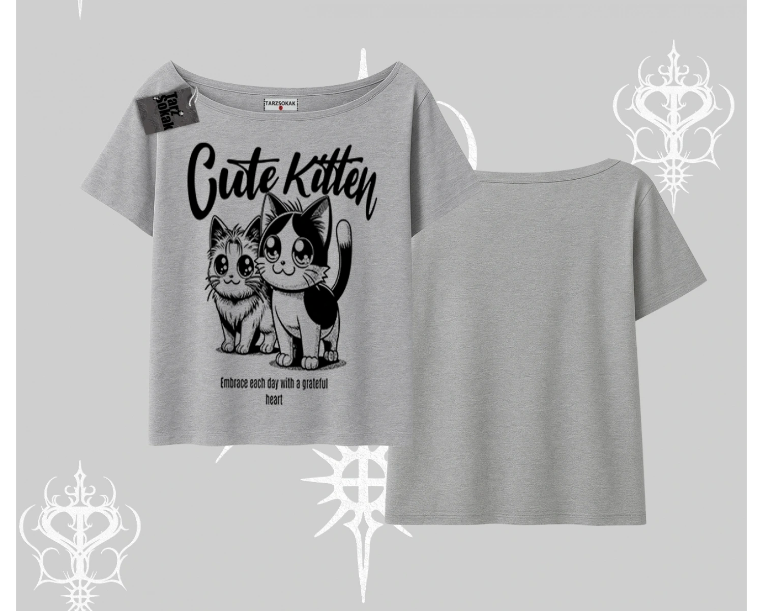 Cute Kitten Yazılı Sevimli Kedi Baskılı Kayık Yaka Tshirt