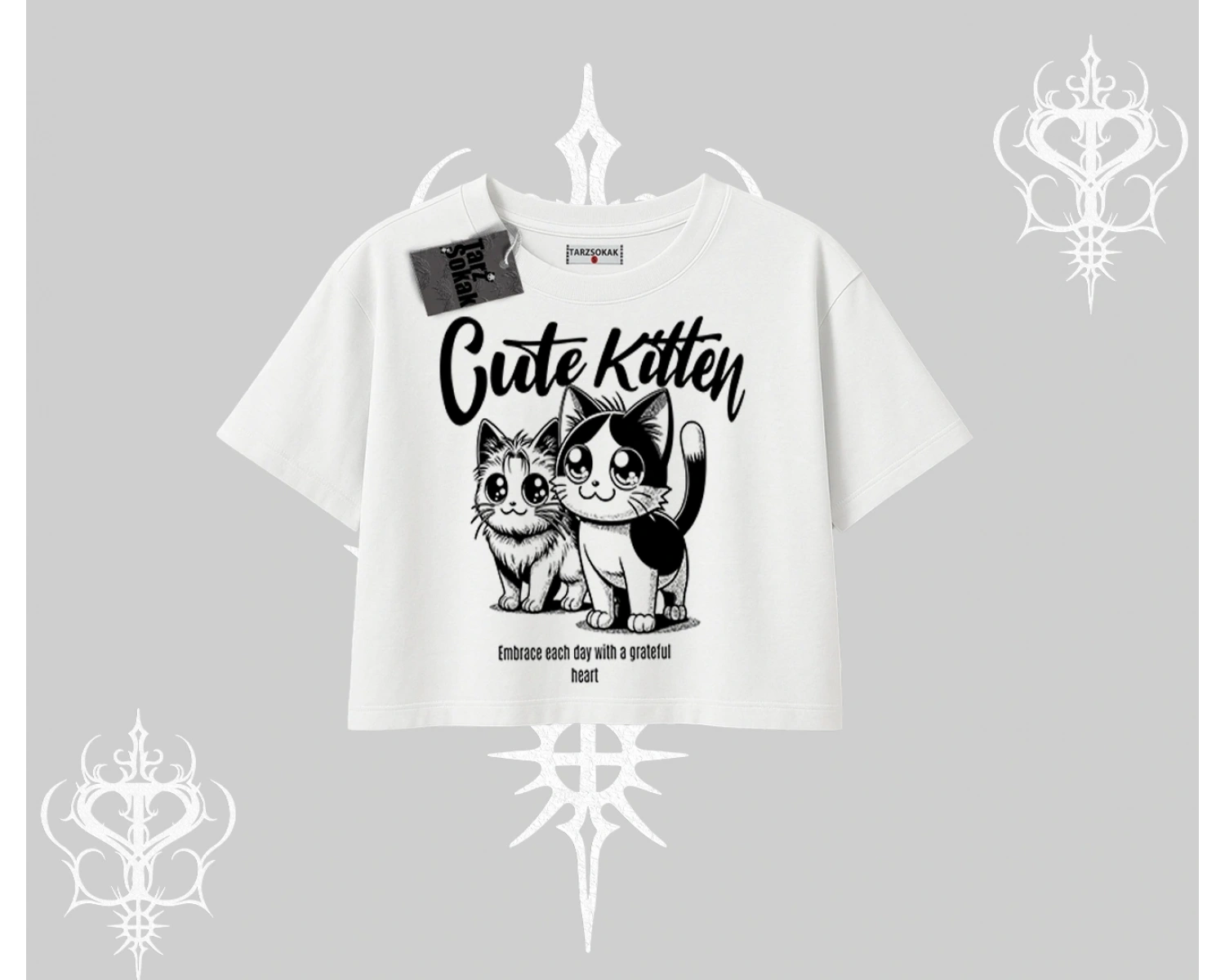 Cute Kitten Yazılı Sevimli Kedi Baskılı Oversize Crop Tshirt