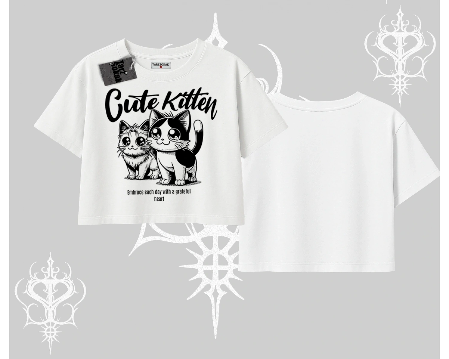 Cute Kitten Yazılı Sevimli Kedi Baskılı Oversize Crop Tshirt