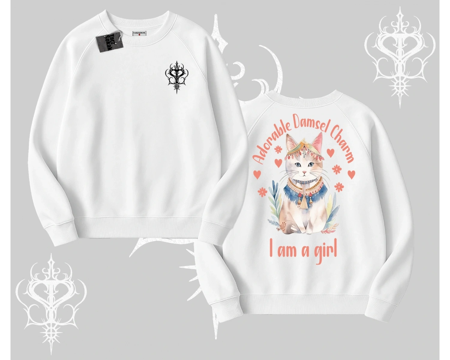 Cute Princess Kedi Tasarımlı Arka Baskılı Biskilet Sweatshirt