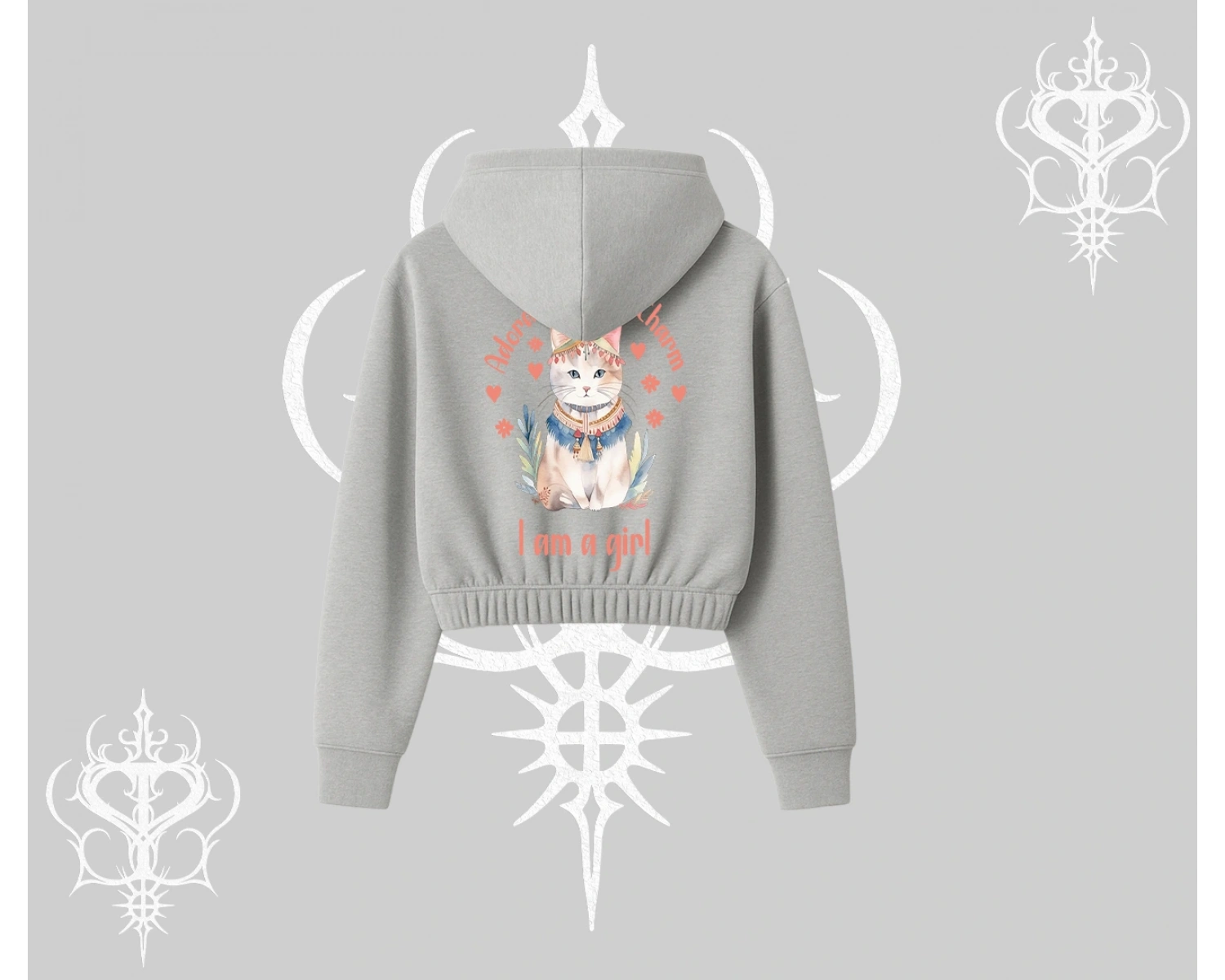 Cute Princess Kedi Tasarımlı Arka Baskılı Kapşonlu Crop Sweatshirt