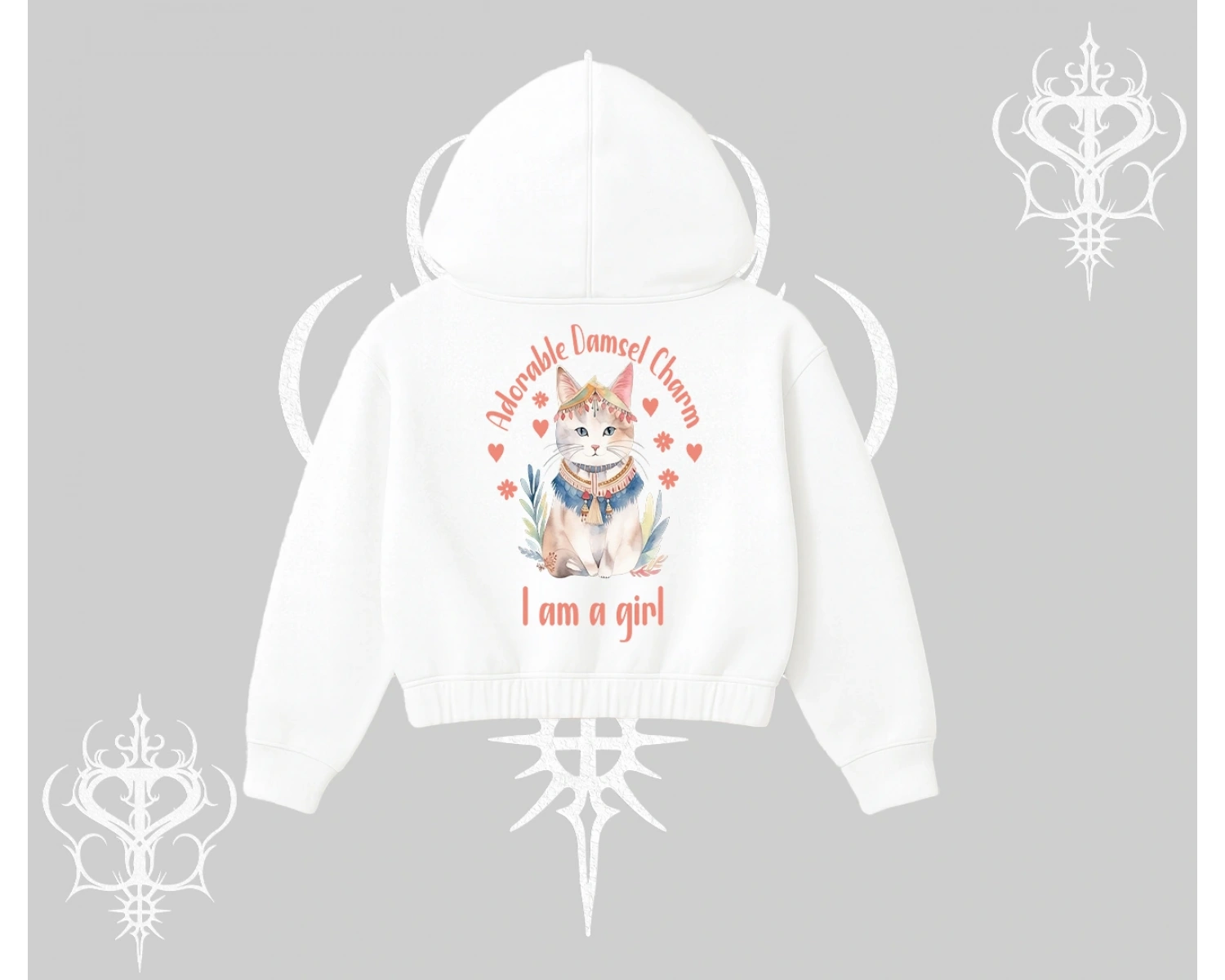 Cute Princess Kedi Tasarımlı Arka Baskılı Kapşonlu Crop Sweatshirt