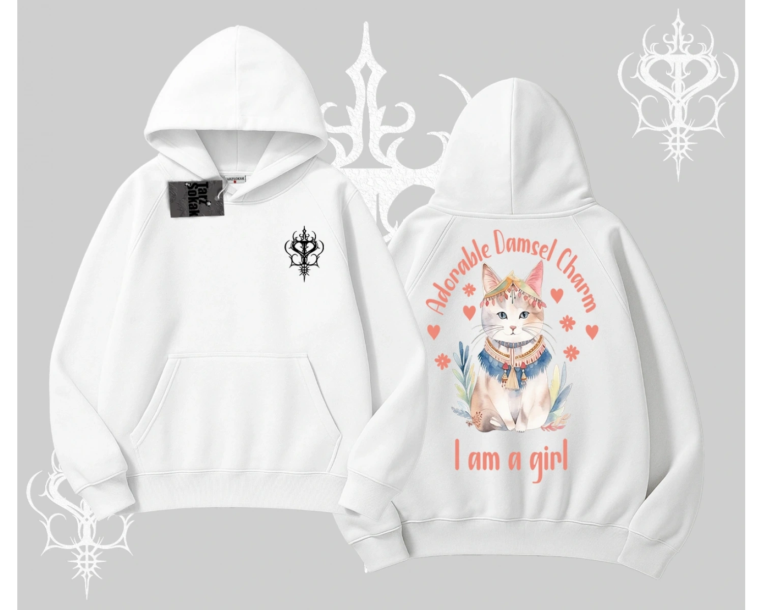 Cute Princess Kedi Tasarımlı Arka Baskılı Kapşonlu Sweatshirt