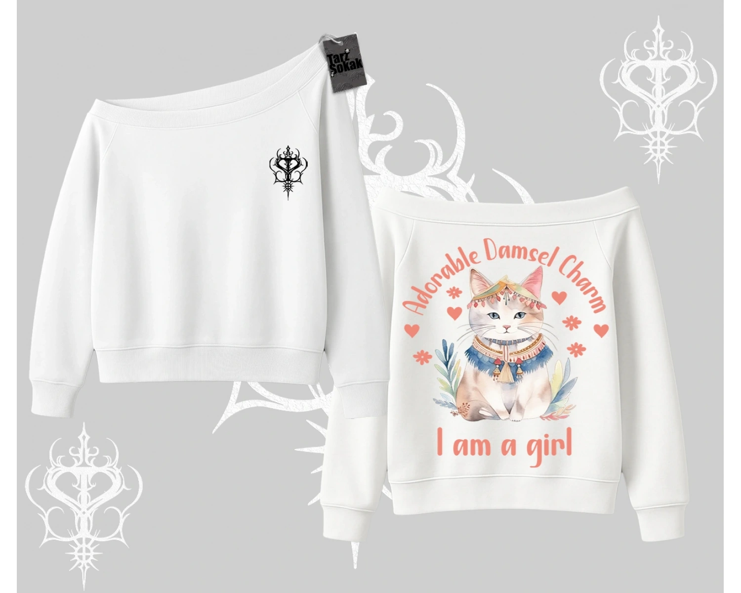 Cute Princess Kedi Tasarımlı Arka Baskılı Kayık Yaka Sweatshirt