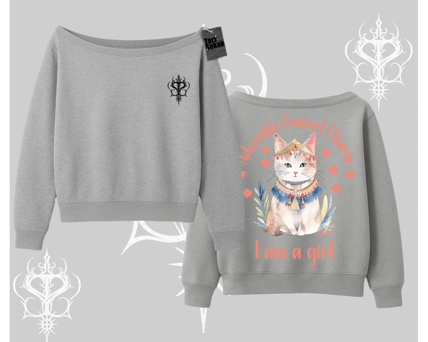 Cute Princess Kedi Tasarımlı Arka Baskılı Kayık Yaka Sweatshirt