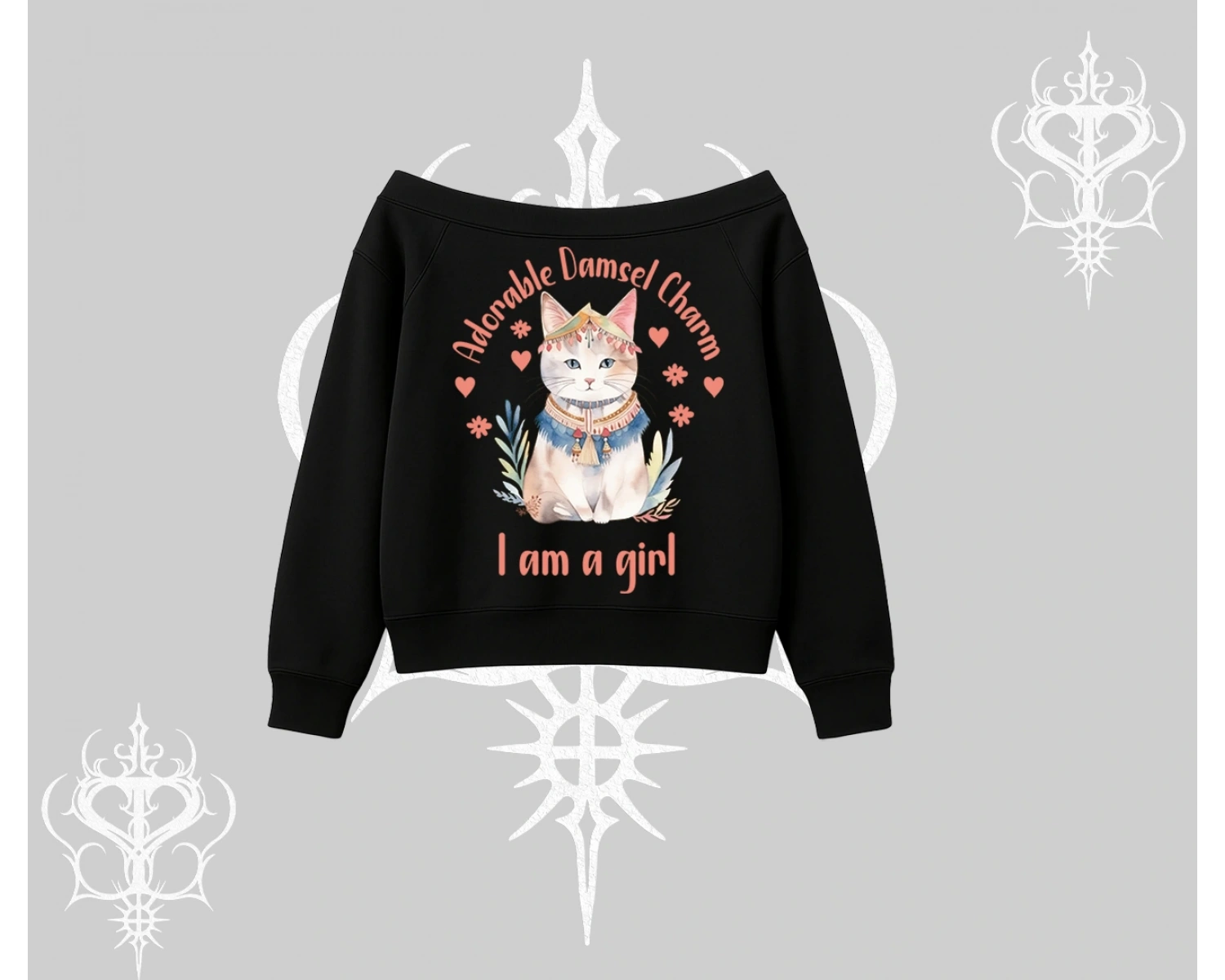 Cute Princess Kedi Tasarımlı Arka Baskılı Kayık Yaka Sweatshirt