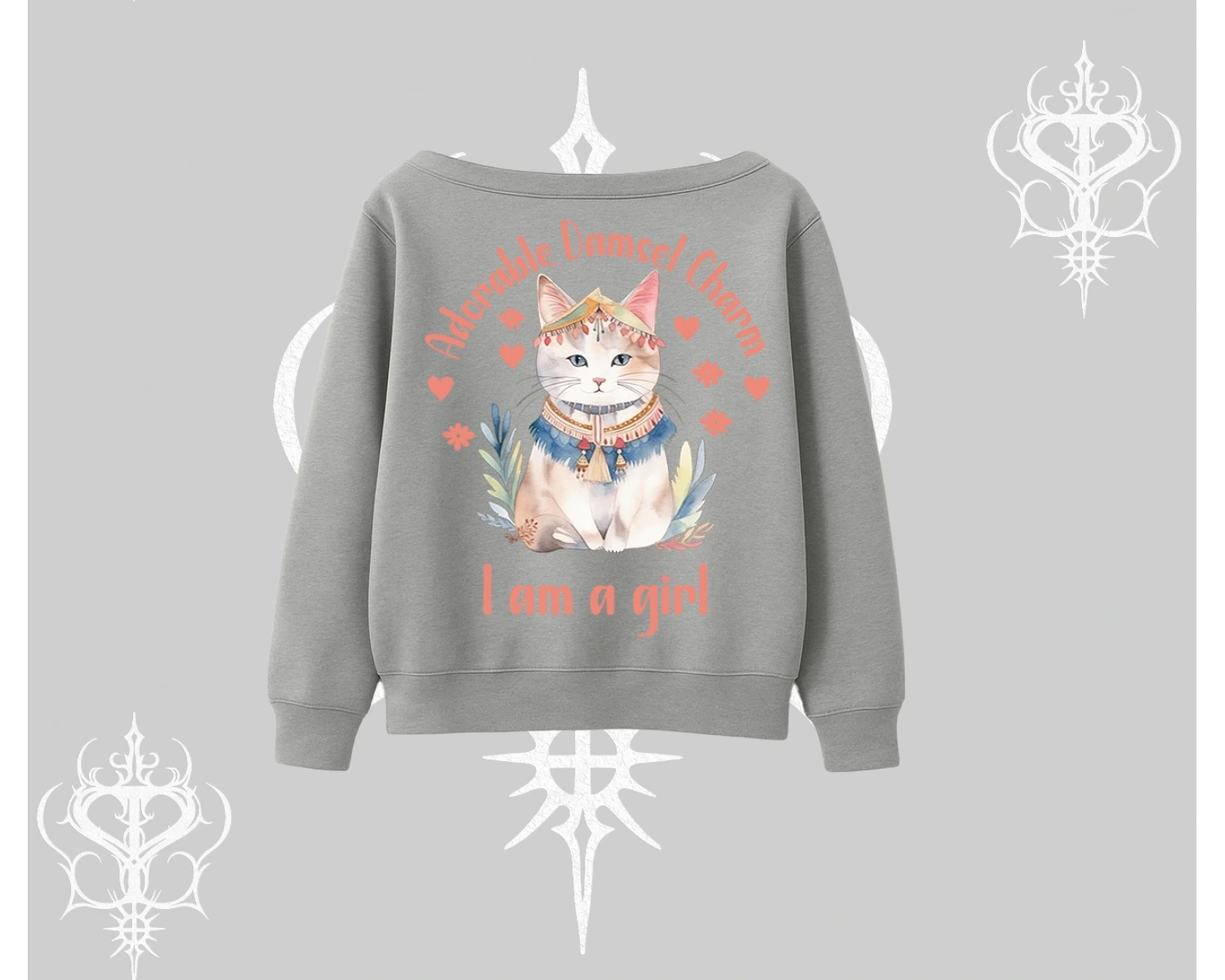Cute Princess Kedi Tasarımlı Arka Baskılı Kayık Yaka Sweatshirt