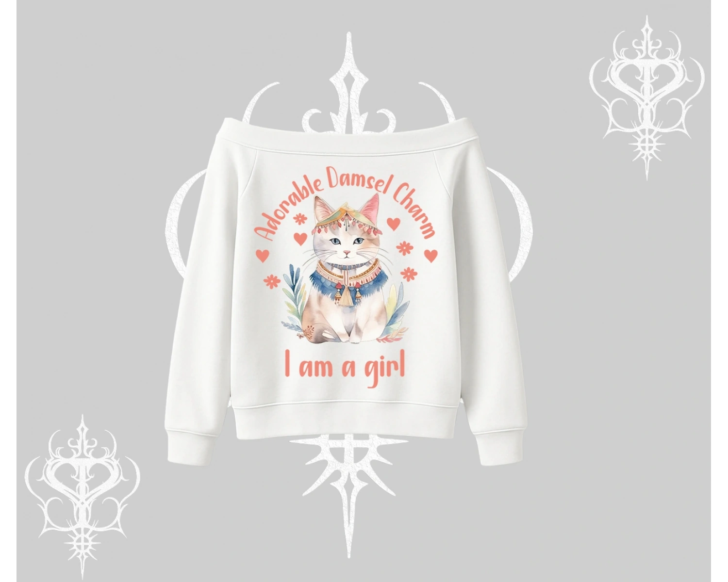 Cute Princess Kedi Tasarımlı Arka Baskılı Kayık Yaka Sweatshirt
