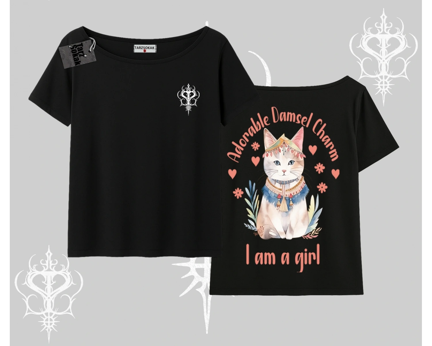 Cute Princess Kedi Tasarımlı Arka Baskılı Kayık Yaka Tshirt