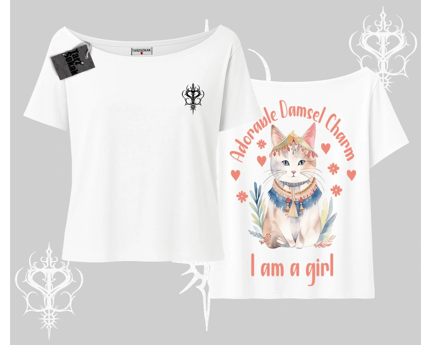 Cute Princess Kedi Tasarımlı Arka Baskılı Kayık Yaka Tshirt