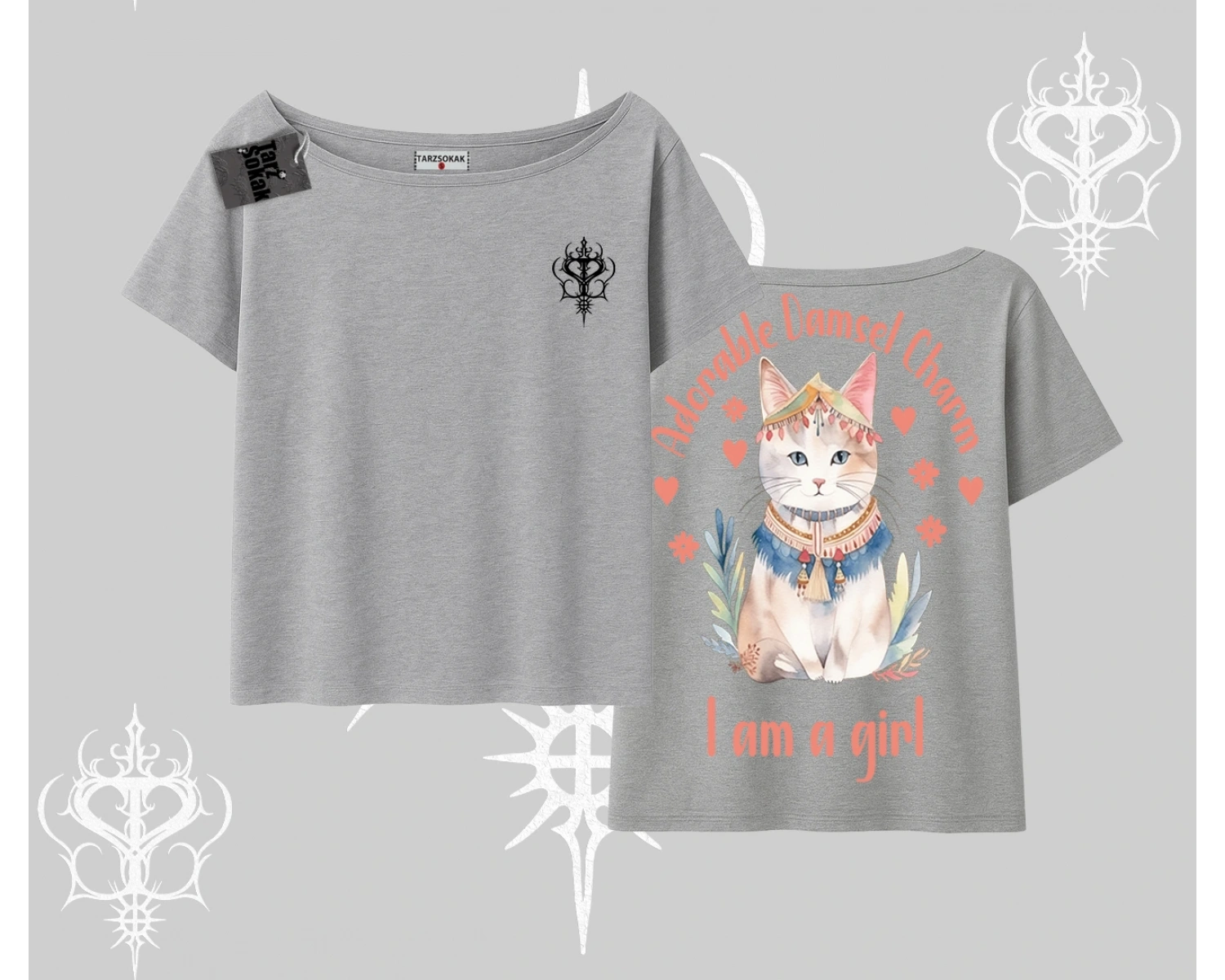 Cute Princess Kedi Tasarımlı Arka Baskılı Kayık Yaka Tshirt