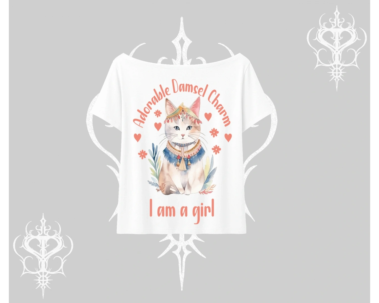 Cute Princess Kedi Tasarımlı Arka Baskılı Kayık Yaka Tshirt