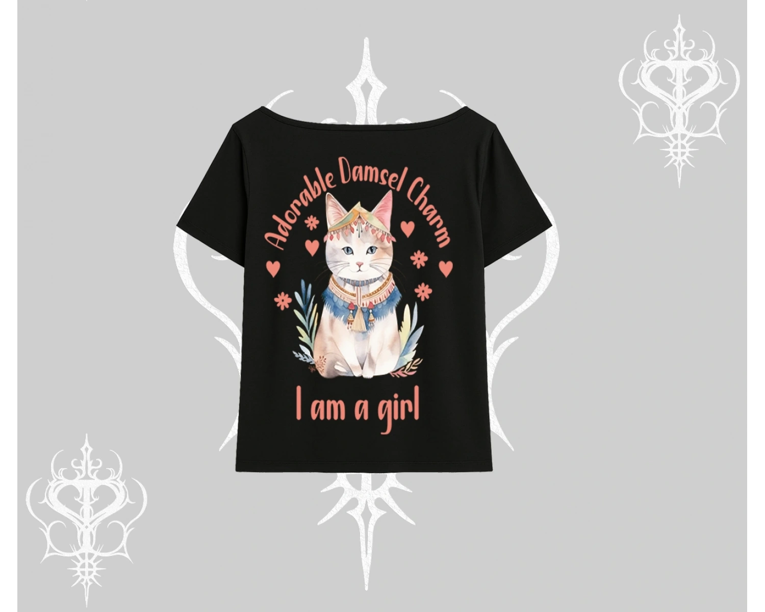 Cute Princess Kedi Tasarımlı Arka Baskılı Kayık Yaka Tshirt