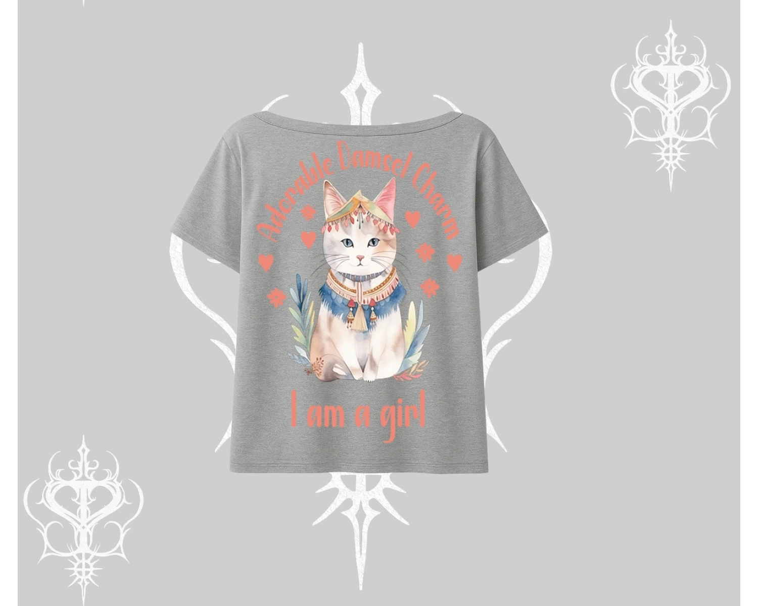 Cute Princess Kedi Tasarımlı Arka Baskılı Kayık Yaka Tshirt