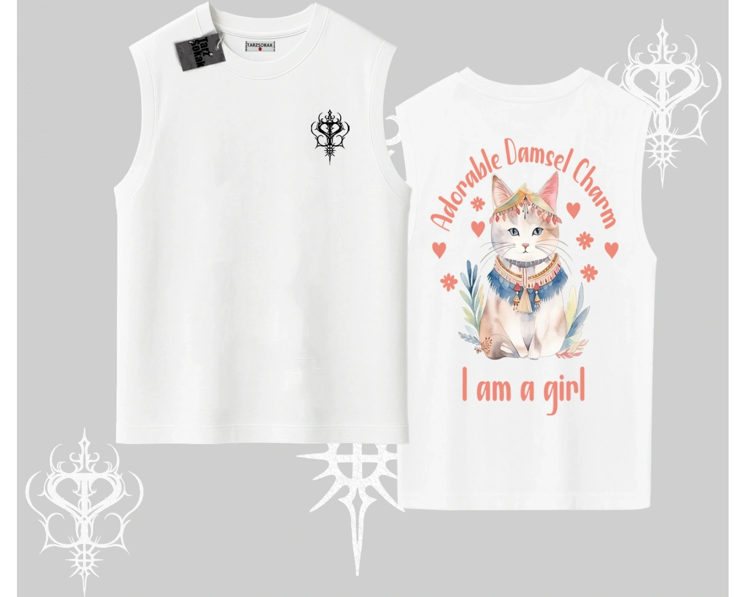 Cute Princess Kedi Tasarımlı Arka Baskılı Kolsuz Tshirt