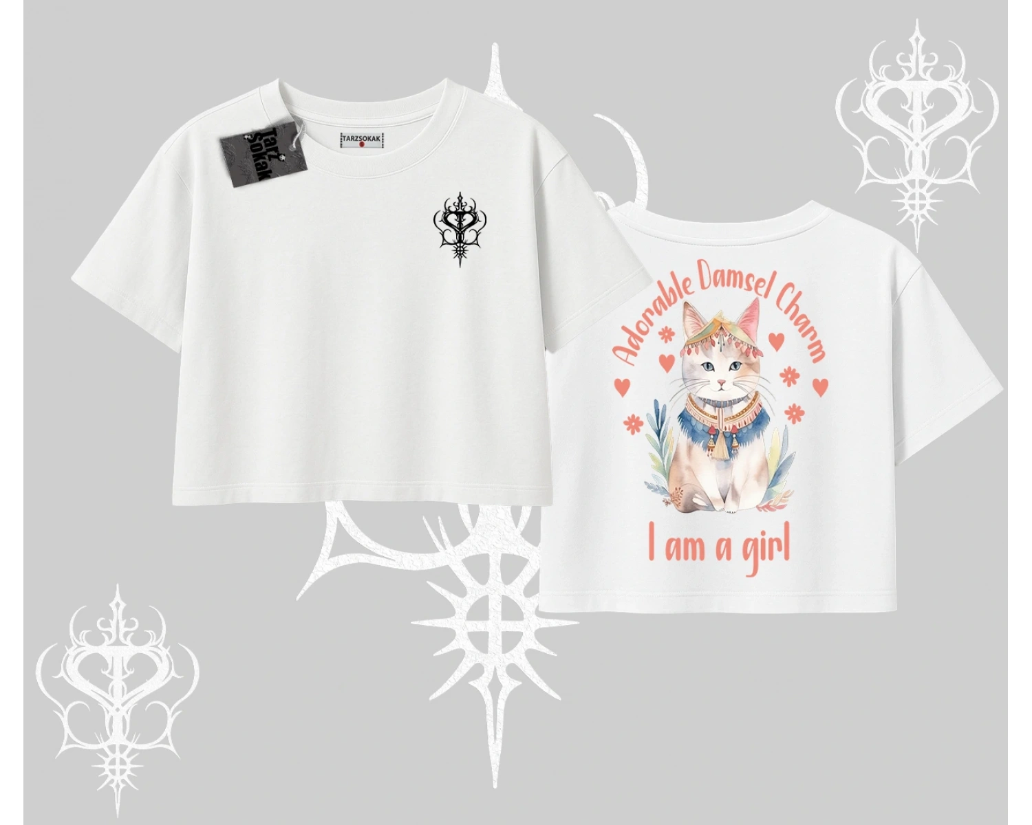 Cute Princess Kedi Tasarımlı Arka Baskılı Oversize Crop Tshirt