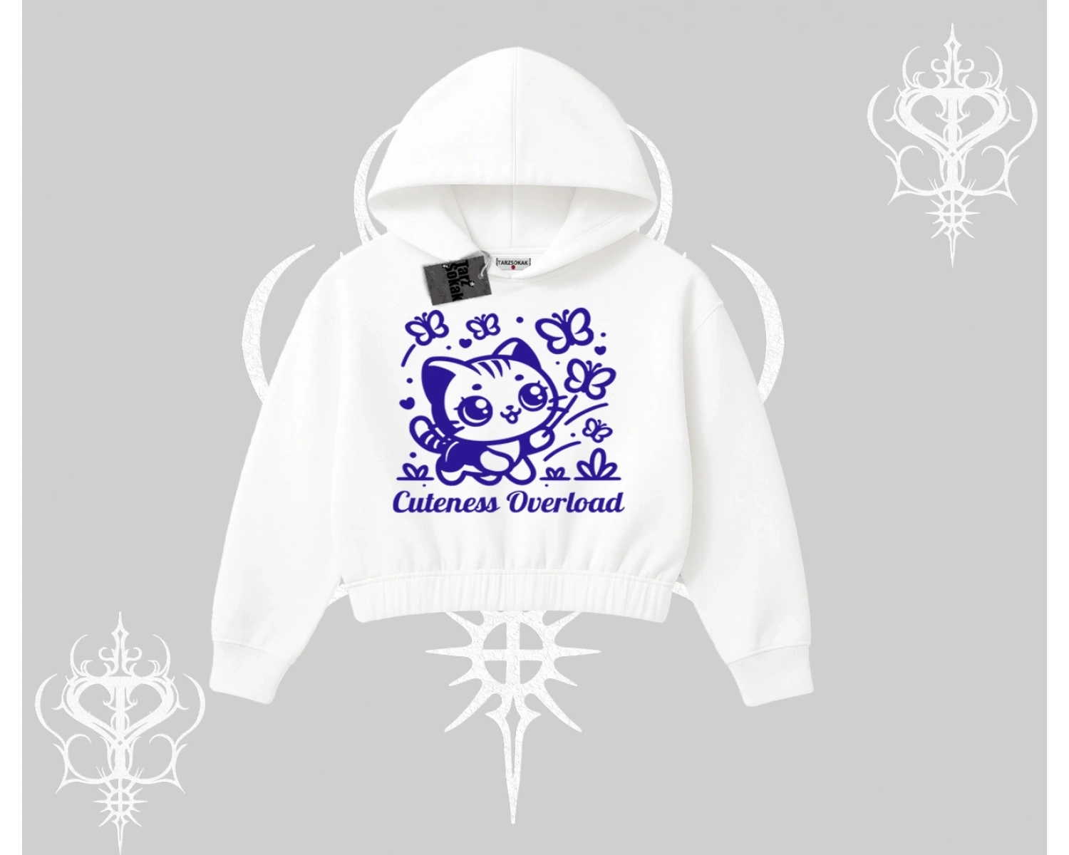 Cuteness Overload Kedi Baskılı Kapşonlu Crop Sweatshirt