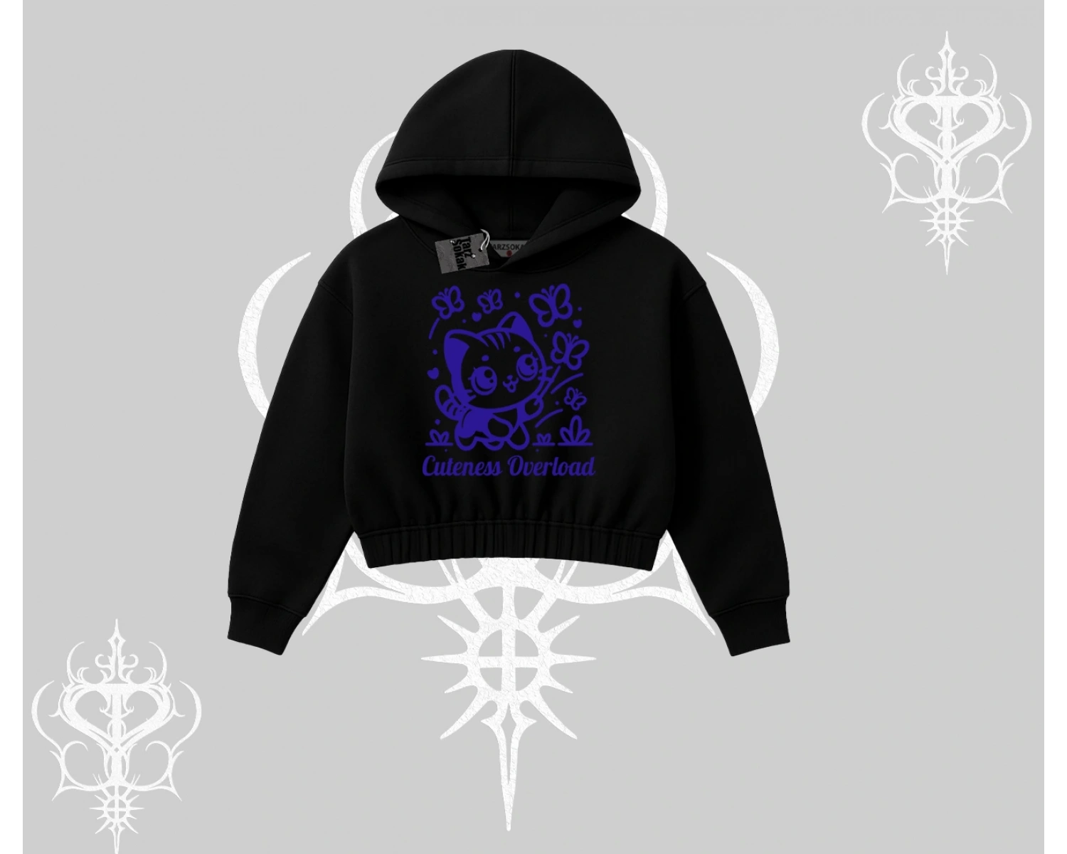 Cuteness Overload Kedi Baskılı Kapşonlu Crop Sweatshirt