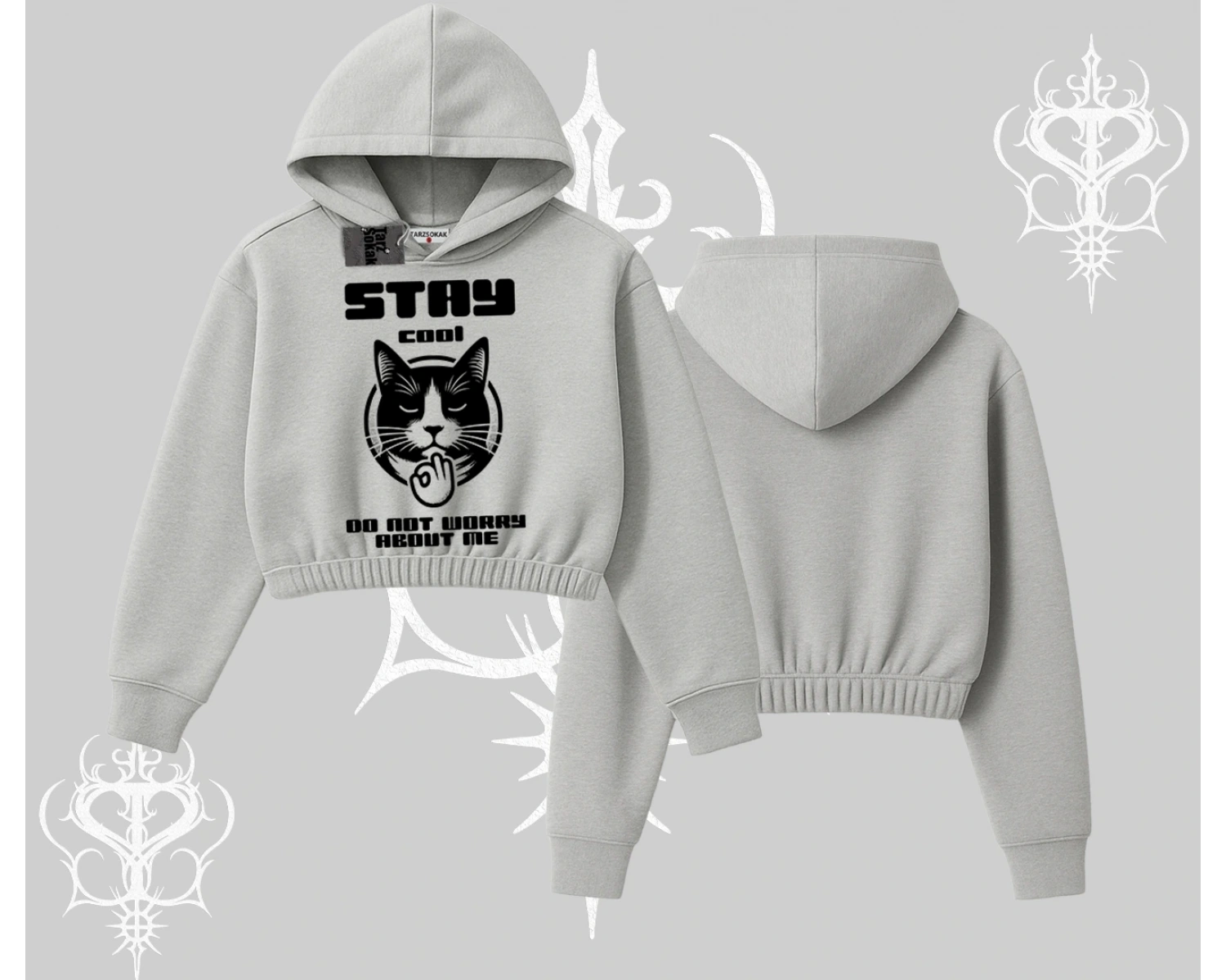 Cuteness Overload Kedi Baskılı Kapşonlu Crop Sweatshirt