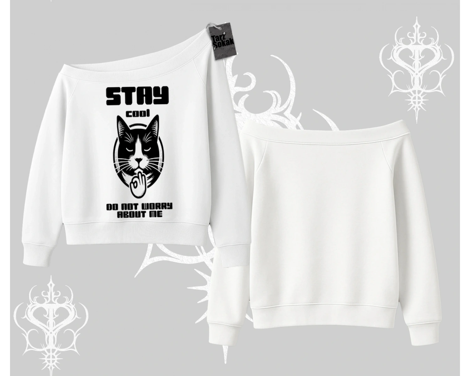 Cuteness Overload Kedi Baskılı Kapşonlu Crop Sweatshirt