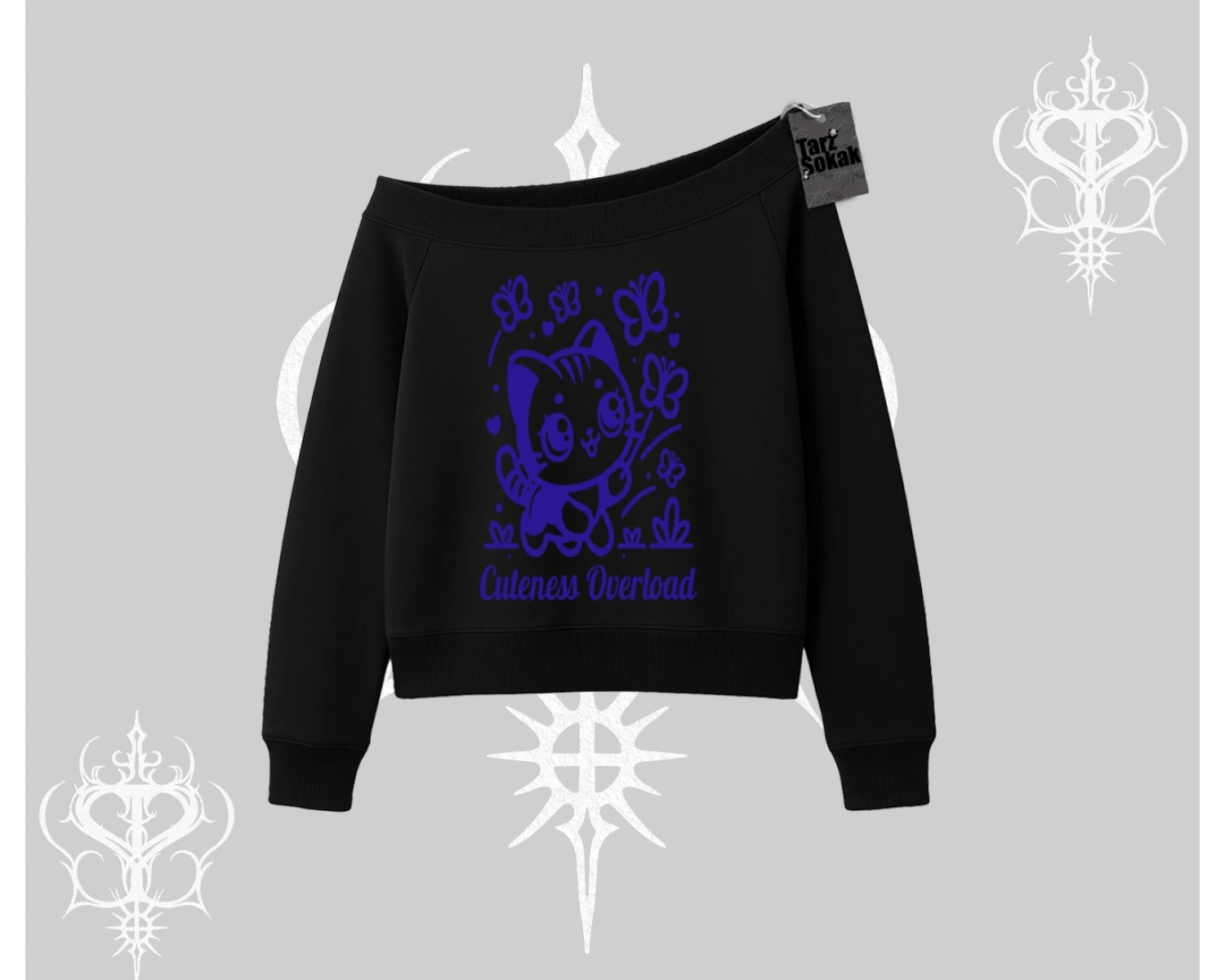 Cuteness Overload Kedi Baskılı Kayık Yaka Sweatshirt