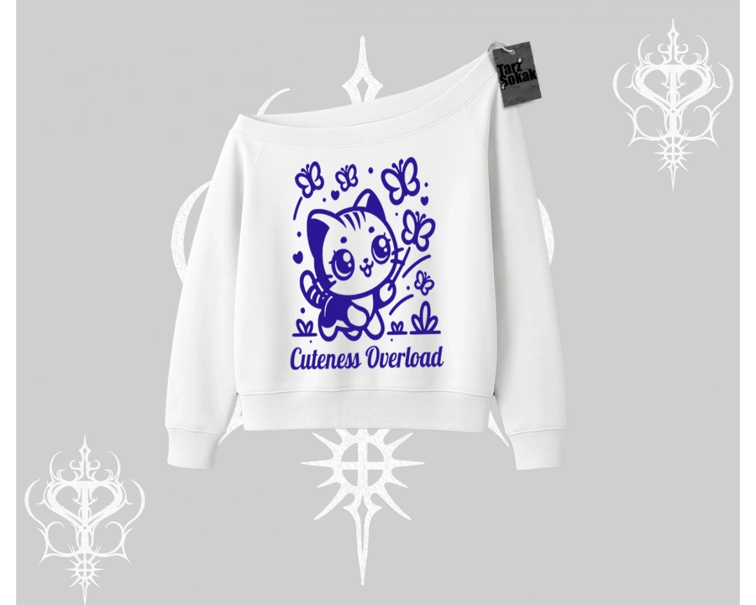 Cuteness Overload Kedi Baskılı Kayık Yaka Sweatshirt