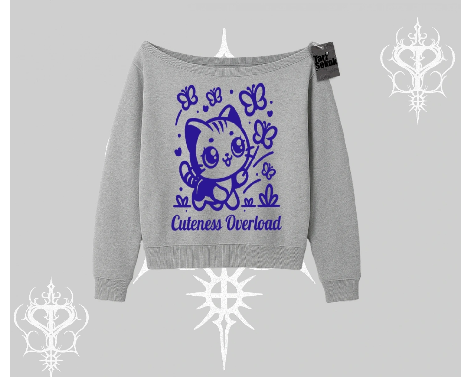Cuteness Overload Kedi Baskılı Kayık Yaka Sweatshirt