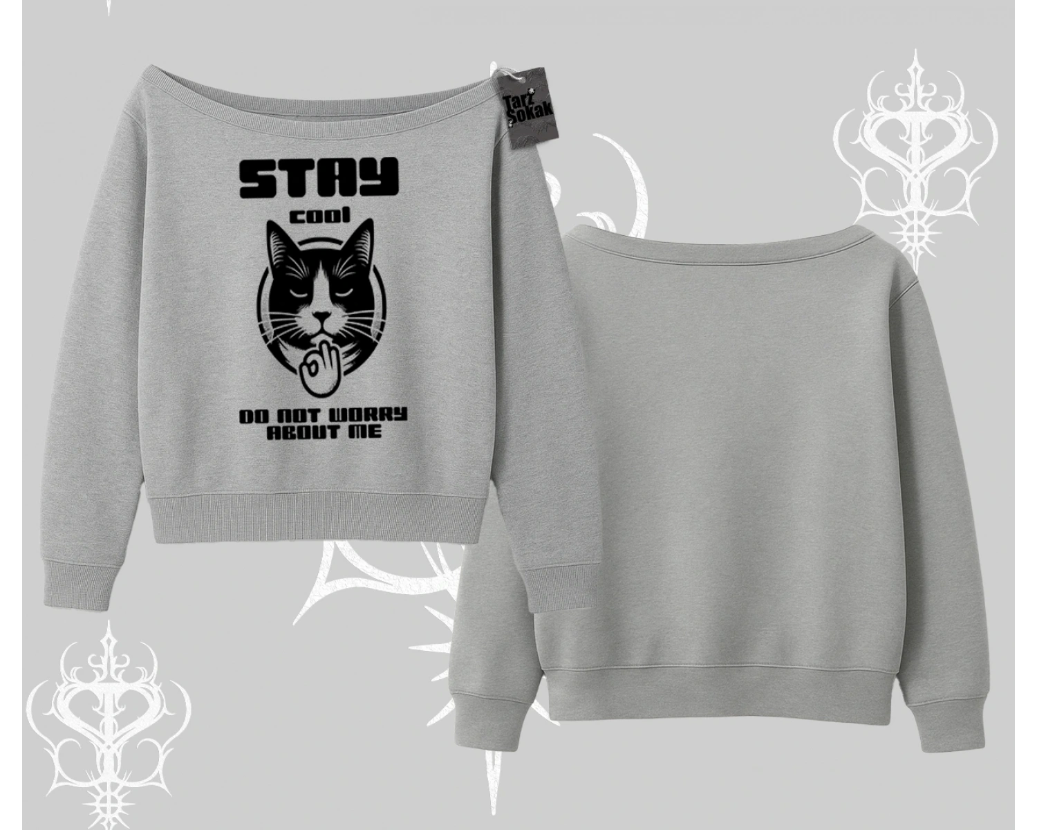 Cuteness Overload Kedi Baskılı Kayık Yaka Sweatshirt