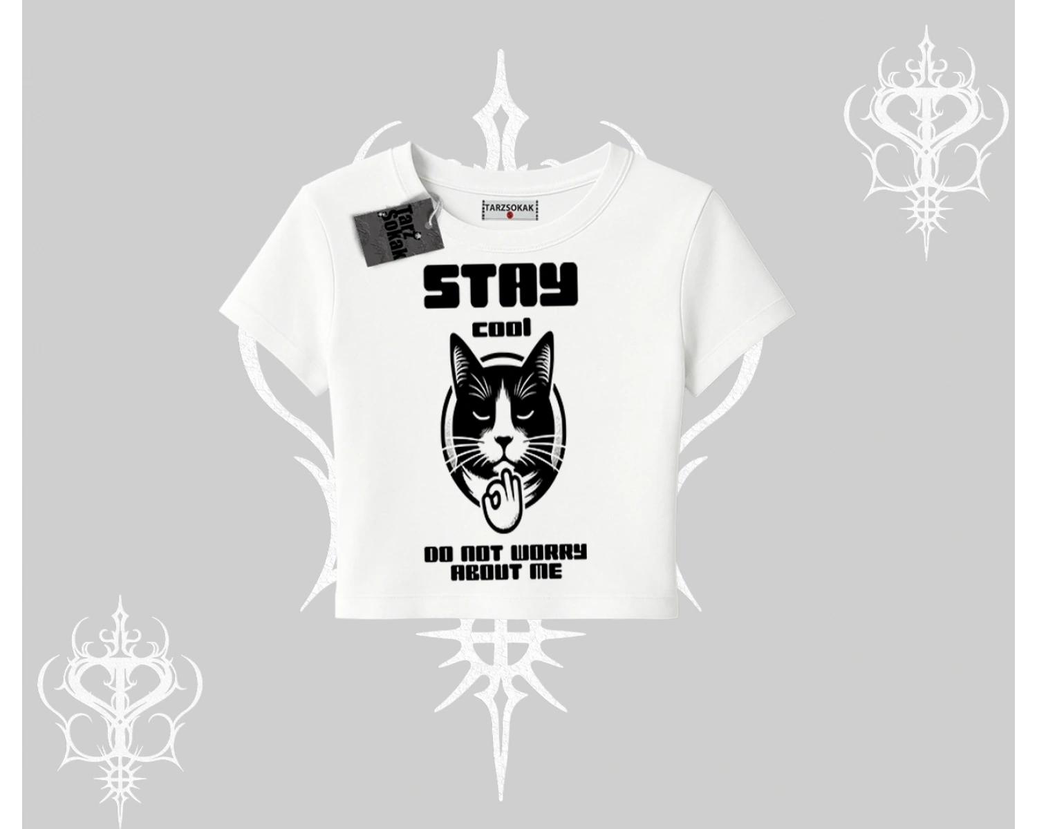 Cuteness Overload Kedi Baskılı Oversize Crop Tshirt