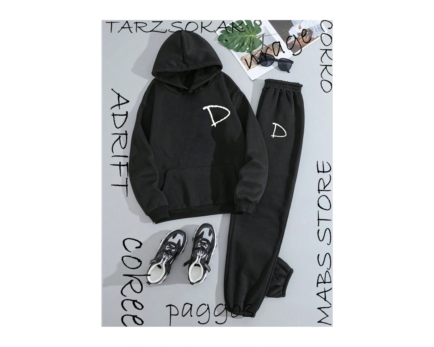 D harfli 2 li Kapşonlu Eşofman Takımı