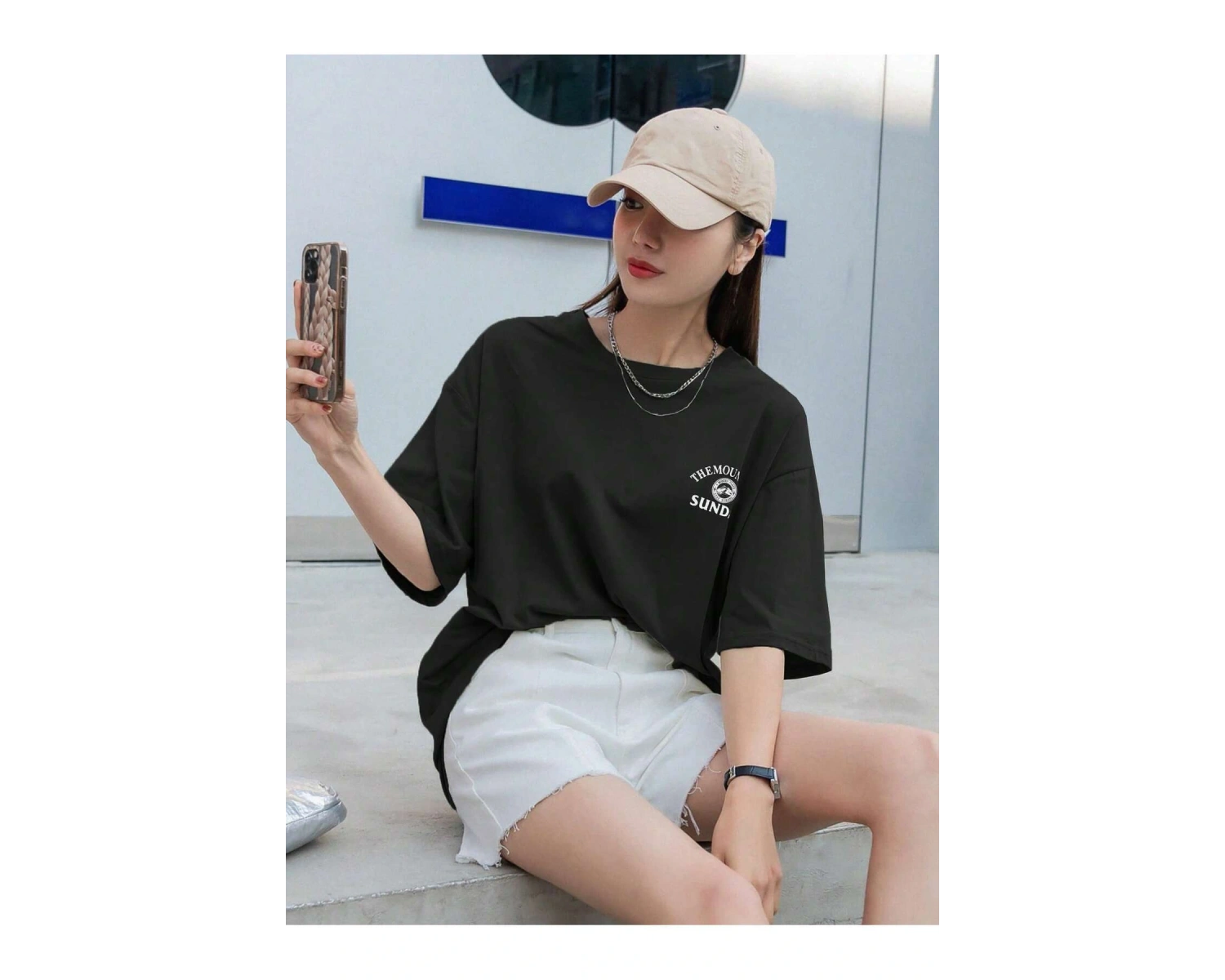 Dağ & Slogan Grafikli Düşük Omuzlu Tişört