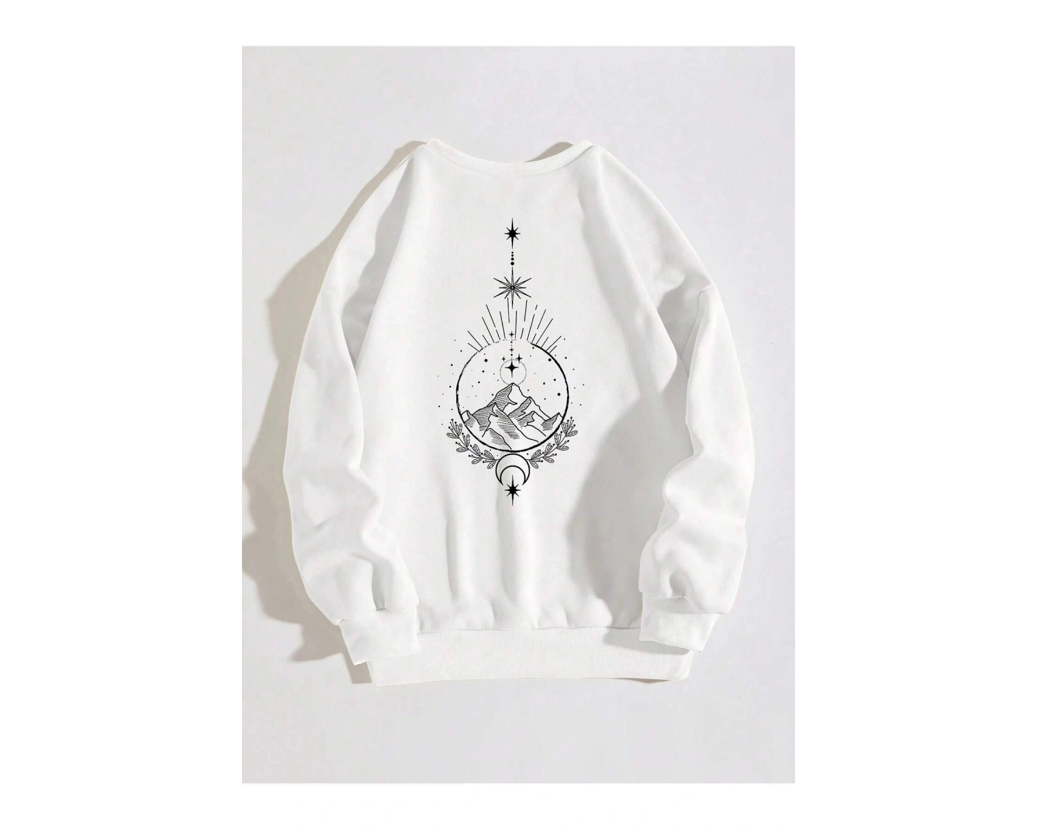 Dağ ve Güneş Desenli Damla Omuz Sweatshirt Beyaz