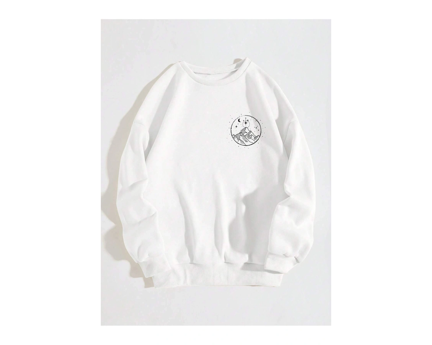 Dağ ve Güneş Desenli Damla Omuz Sweatshirt Beyaz