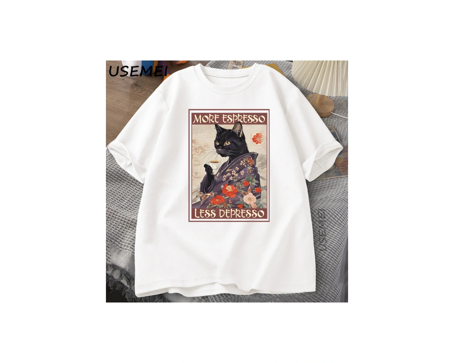 Daha fazla Espresso Daha Az Depresso Esprili T-Shirt Erkek Kadın Siyah Kedi Kahve TPa 3003