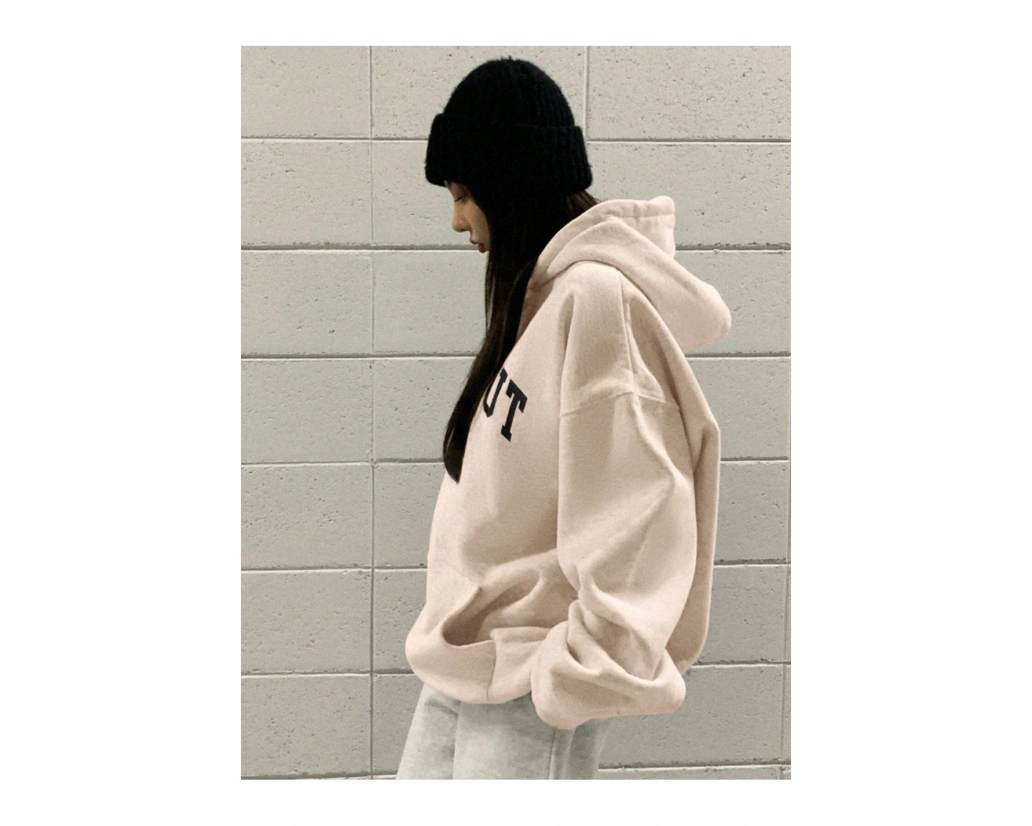 DAZY Harfli Grafik Düşük Omuz Oversize İpli Kapüşonlu Üst Bej