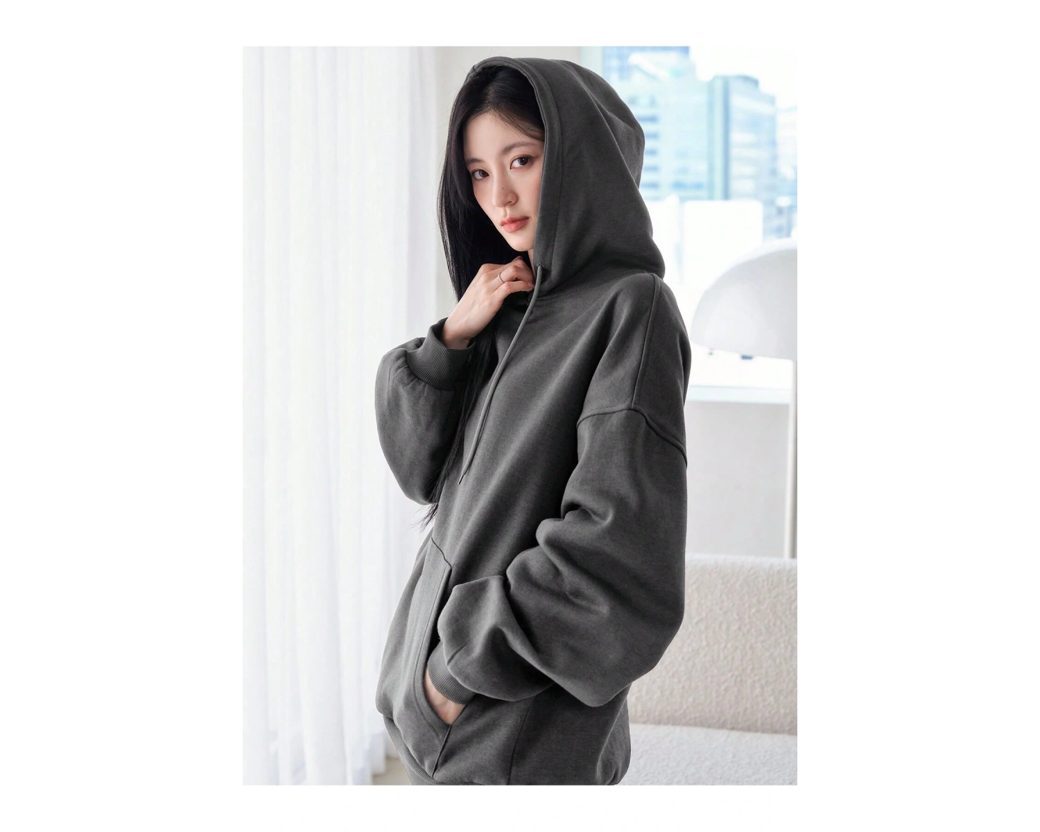 Dazy-Less Kanguru Cepli Düşük Omuz İpli Kapüşonlu Üst Gri